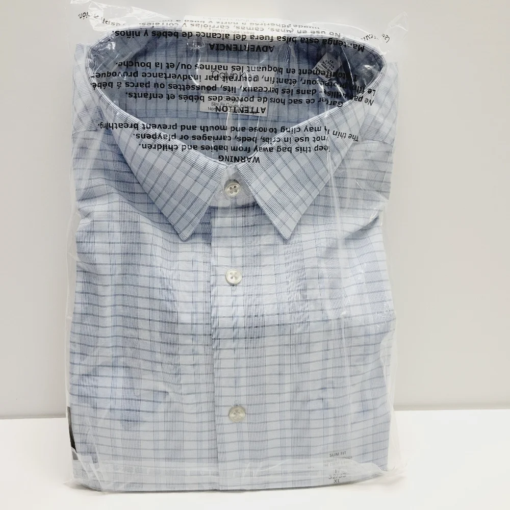 Calvin Klein STEEL+ Slim-Fit Non-Iron Stretch Blue Check Dress Shirt 17 32/33 XL - Picture 3 of 14
